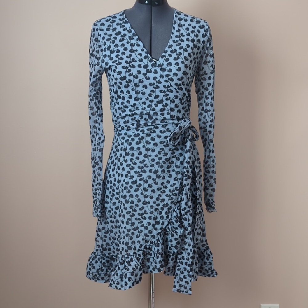 Ganni Light Blue Wrap Dress with Black Spot Print